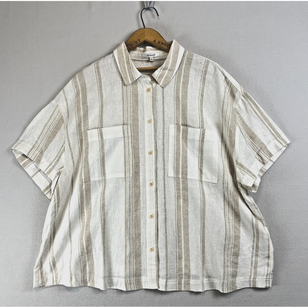 MADEWELL 2X Plus‎ Linen Blend Short Sleeve Safari Shirt Undyed Beige Stripe